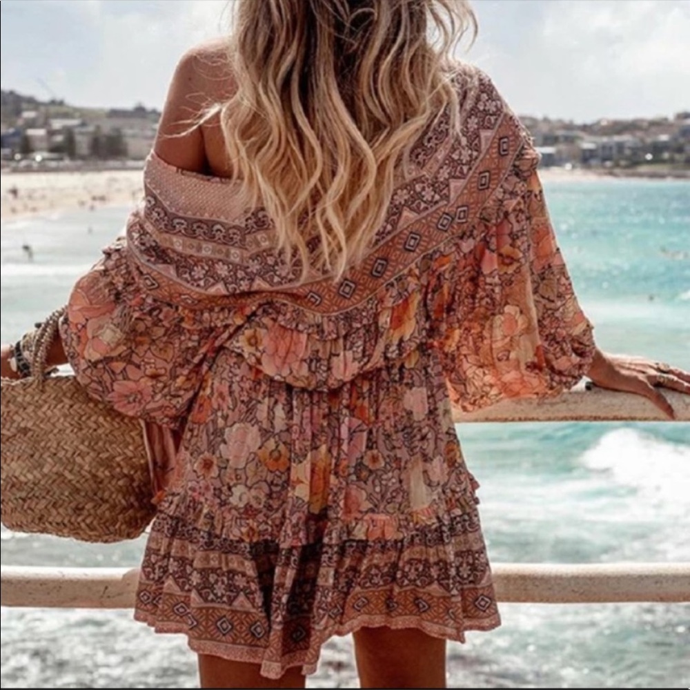 Gypsy Boho Festival Floral Mini Long Sleeve Dress - Picture 3 of 12